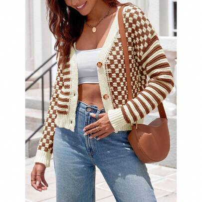 PiePieBuy Womens Checkered Cardigan Sweaters Striped Cropped Button Fall Open Front Knit Sweater Coats | SHEIN