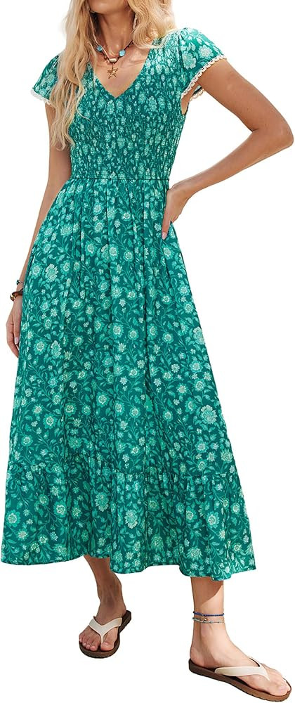 Kate Kasin Women Summer Floral Maxi Dresses 2026, V Neck Smocked Boho Sundress, Flowy Long Beach ... | Amazon (US)