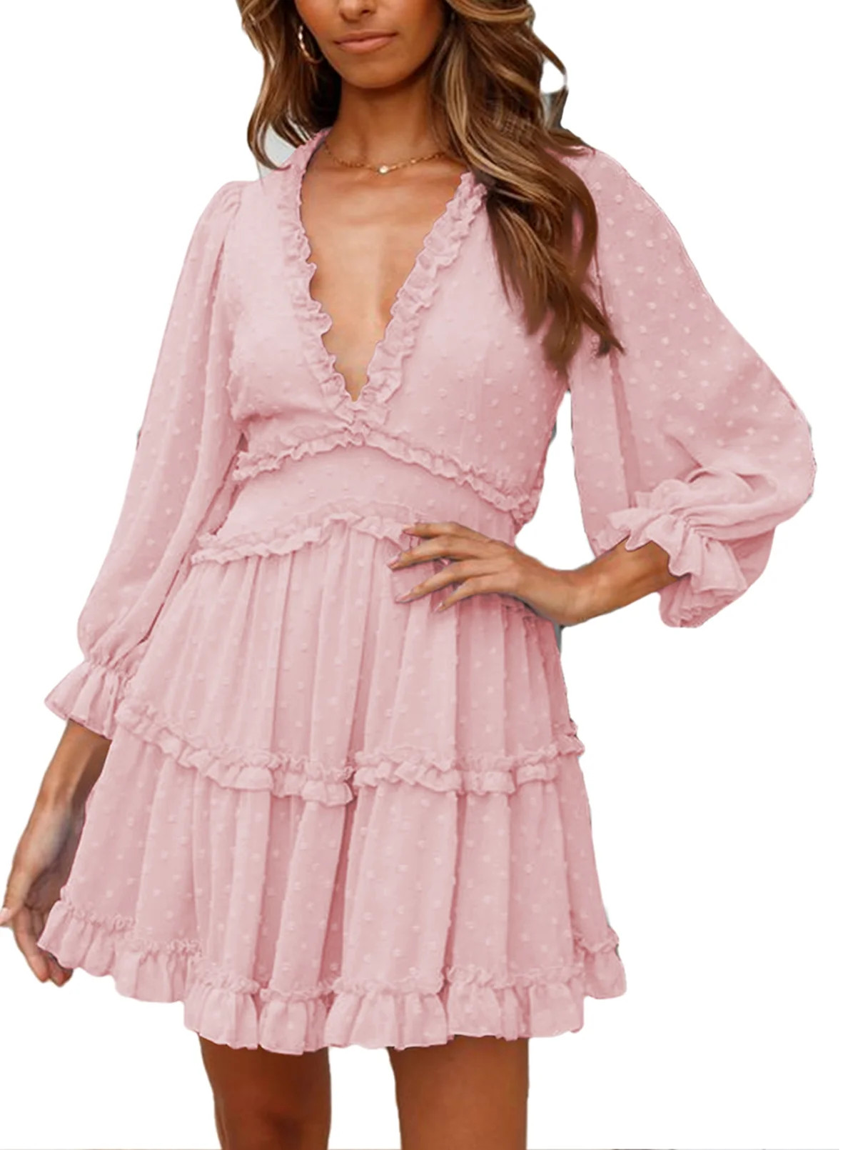 Dokotoo Women's Pink Casual Babydoll Dresses V Neck Ruffle Swing Mini Dress Size Small US 4-6 | Walmart (US)
