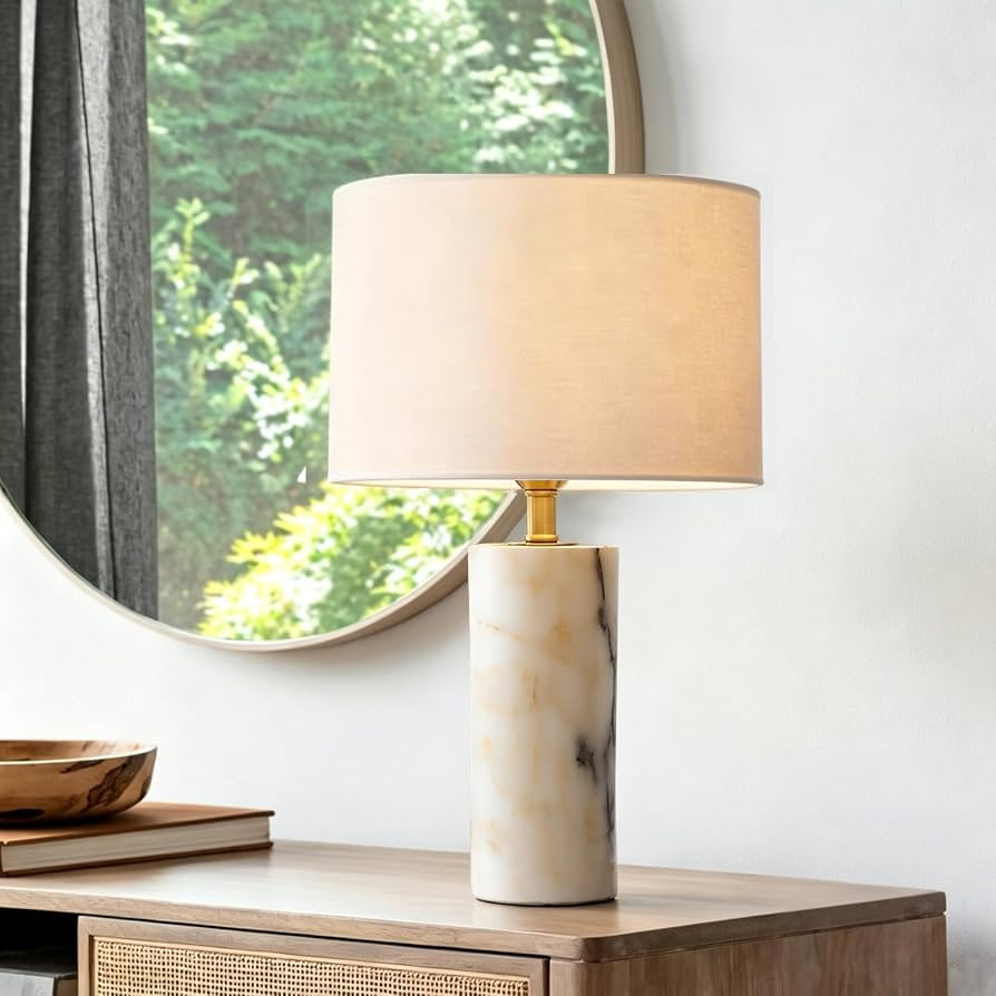 Marble Table Lamp with Cylindrical Beige Cotton Linen Lampshade | Amazon (US)