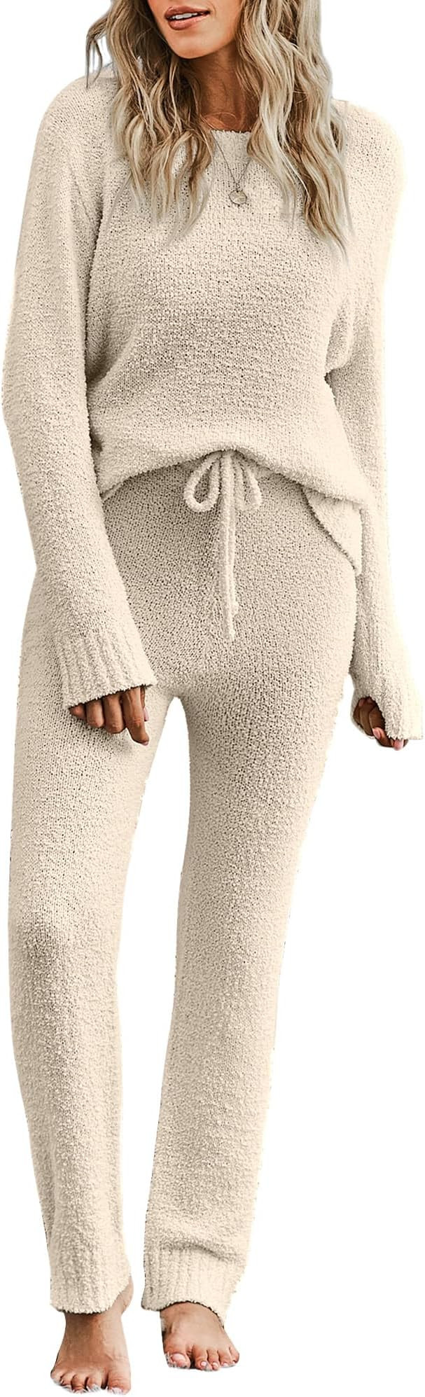 luvamia Women's Casual Pajama Set Fuzzy Fleece Knitted Long Sleeve Pj Loungewear | Amazon (US)