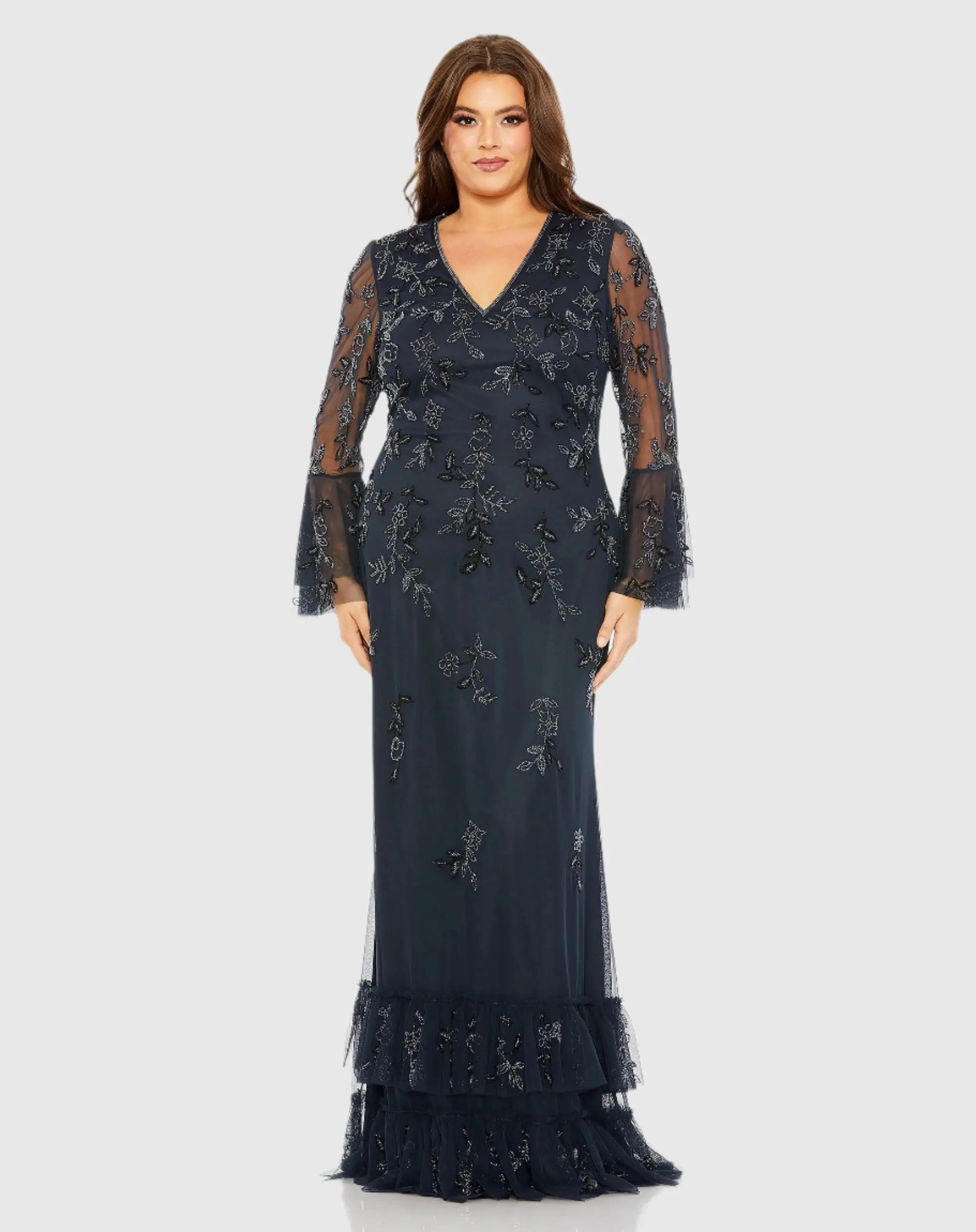 Navy V-neck Embellished Long Sleeve Gown | Mac Duggal | Mac Duggal