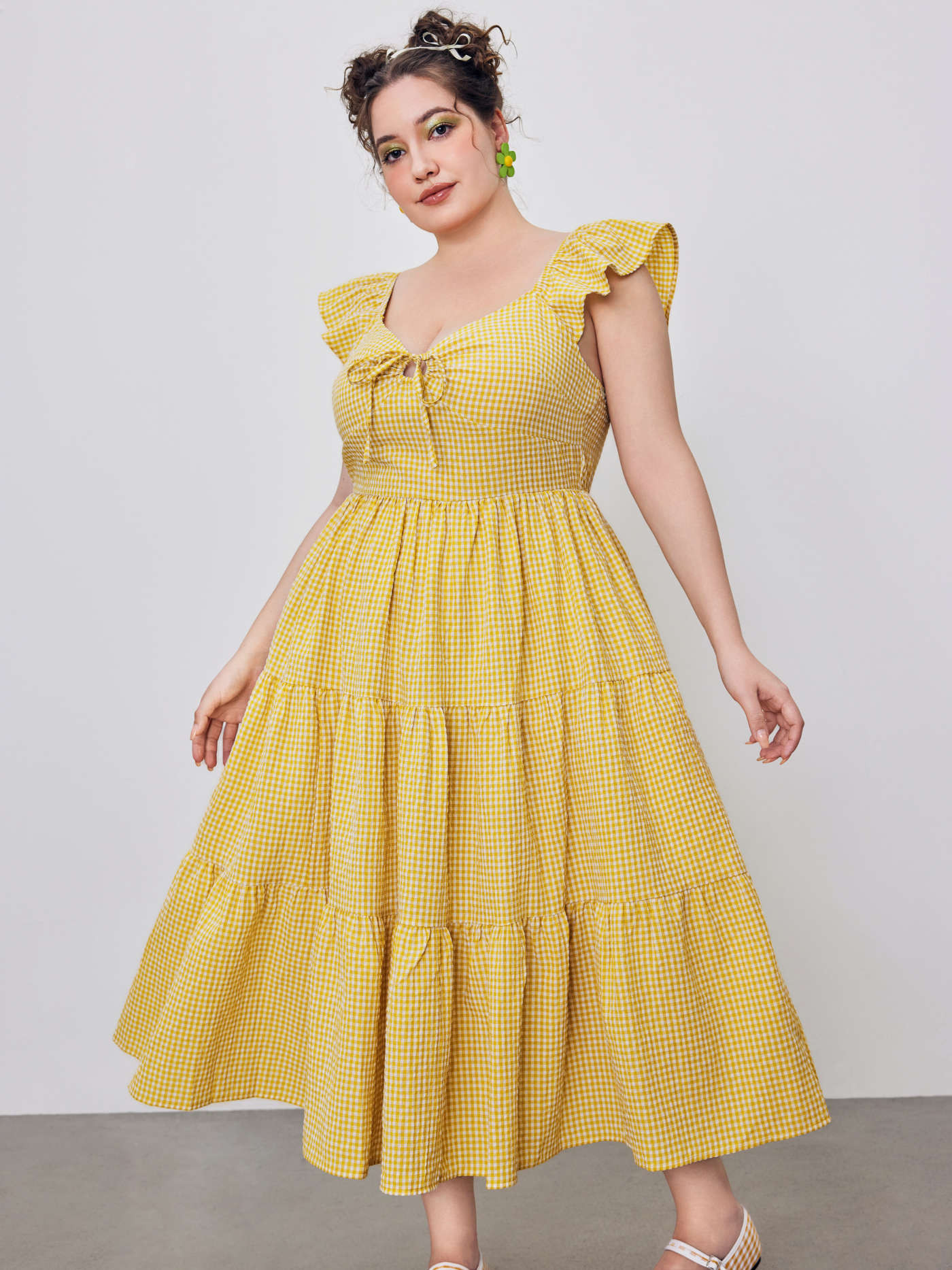 Woven Square Neck Check Ruffle Hem Midi Tiered Dress Curve & Plus | Cider