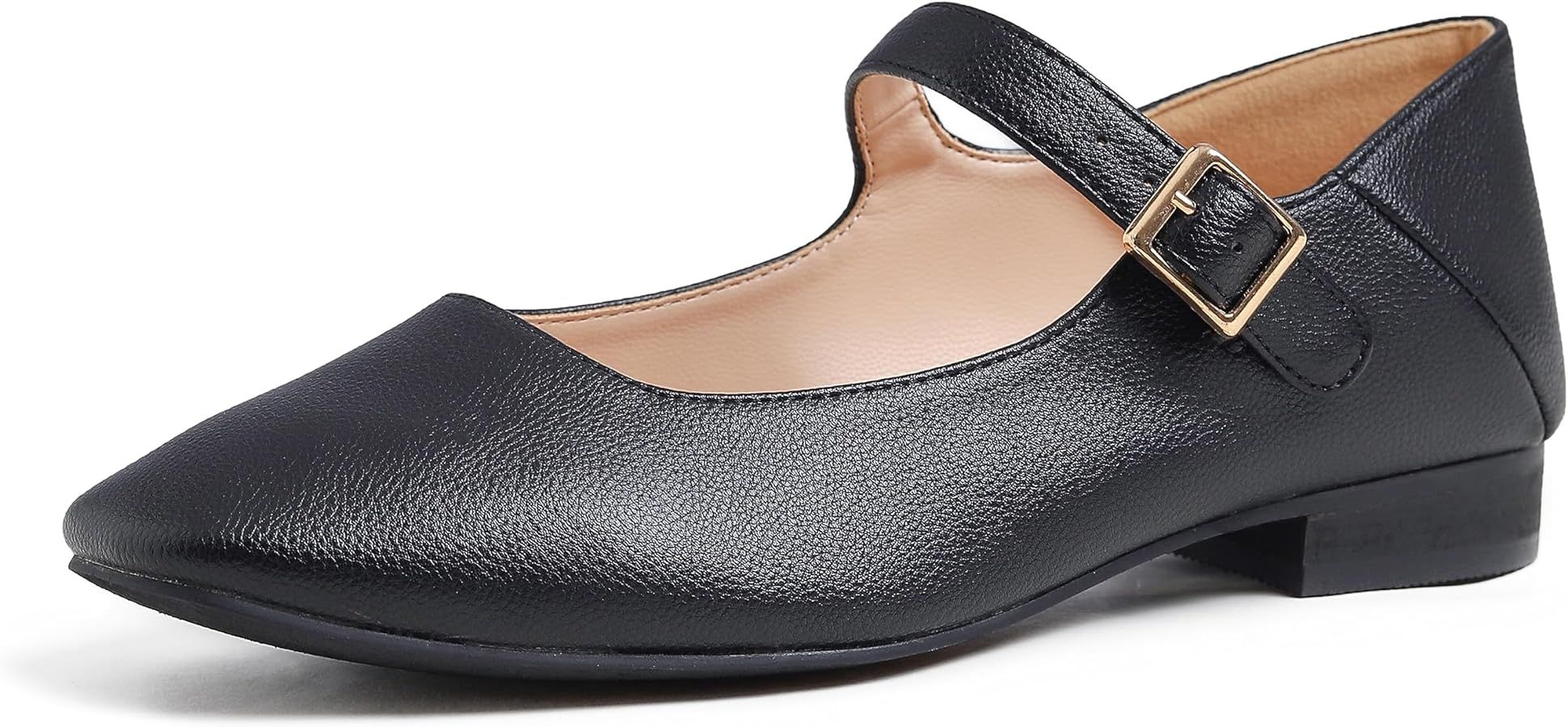 FEVERSOLE Women's Mary Jane Fashion Square Toe Easy Buckle Low Heel Slip On Flats | Amazon (US)