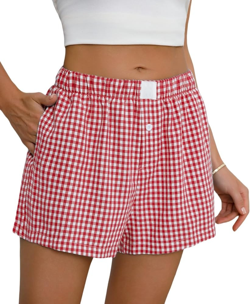 Womens Boxer Shorts Cotton Summer Casual Pajama Y2K Sleep Gingham Plaid Shorts Bottom with Pocket... | Amazon (US)