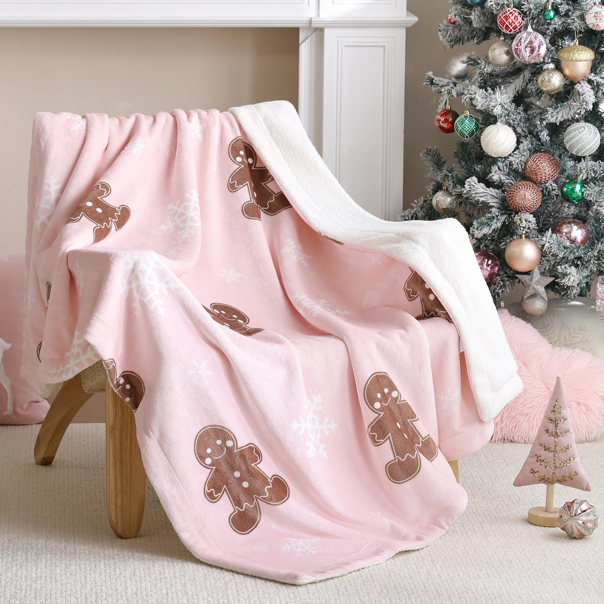 TRUEDAYS Pink Throw Blanket - Christmas Fluffy Blanket with Gingerbread and Snowflake Pattern - R... | Amazon (US)
