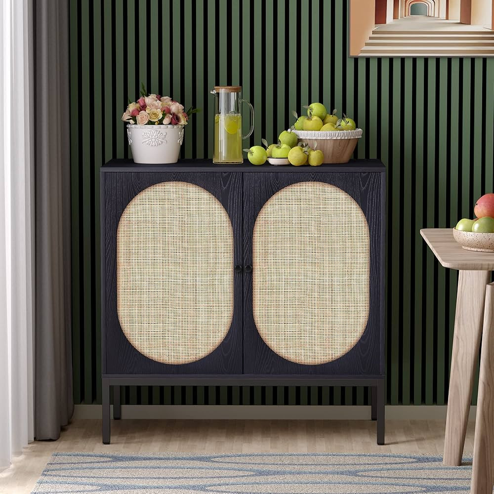 Yechen Storage Cabinet with 2 Handmade Natural Rattan Doors, Console Table Sideboard Cabinet Buff... | Amazon (US)