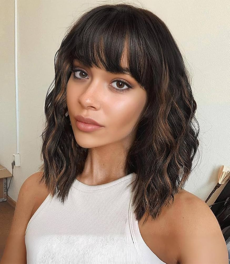 Veally Short Wavy Bob Wigs with Bangs for Women Black Mixed Brown Short Wavy Bob Curly Wig Synthe... | Amazon (US)