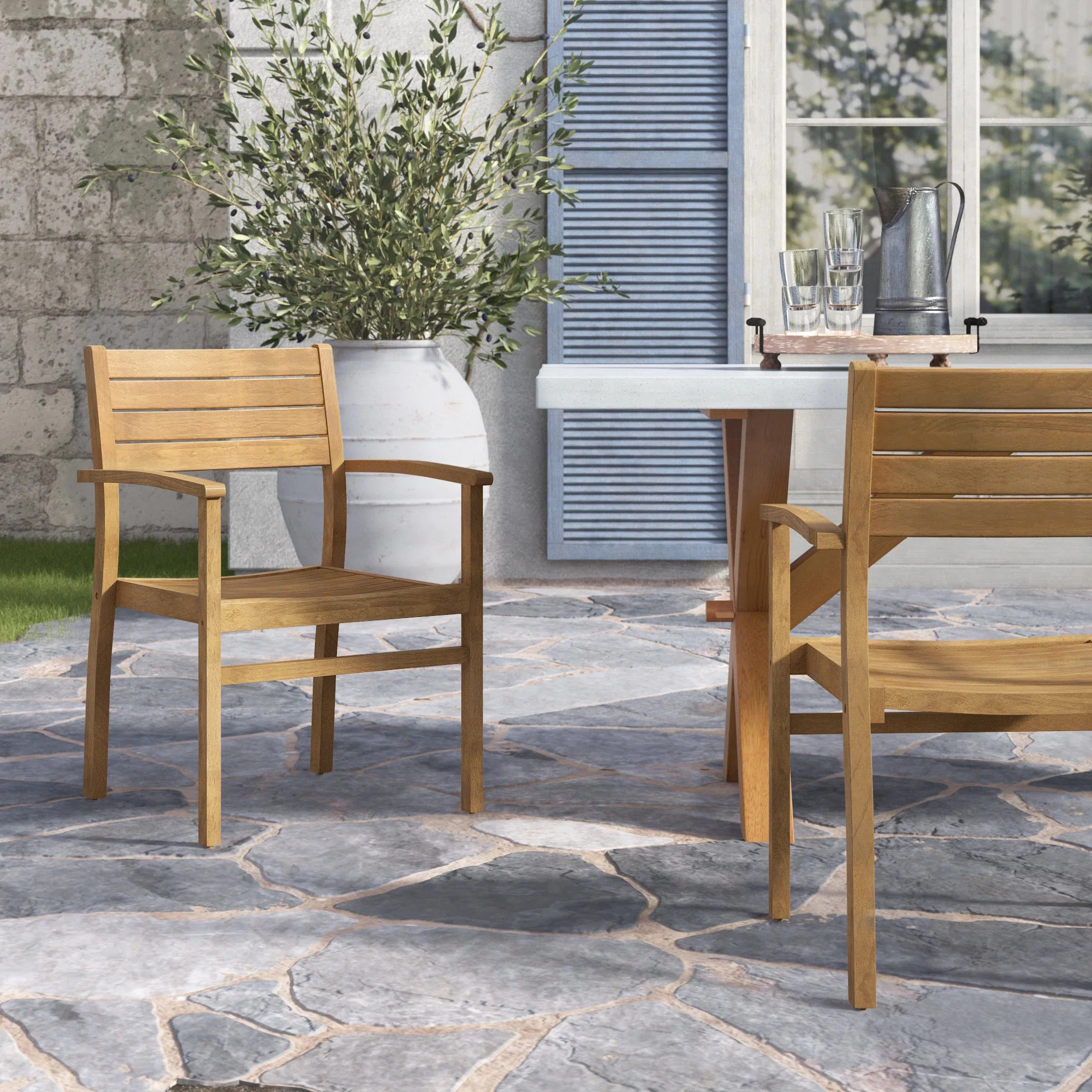 Giuliana Stacking 2pc FSC Solid Teak Patio Dining Armchair (Set of 2) | Wayfair North America