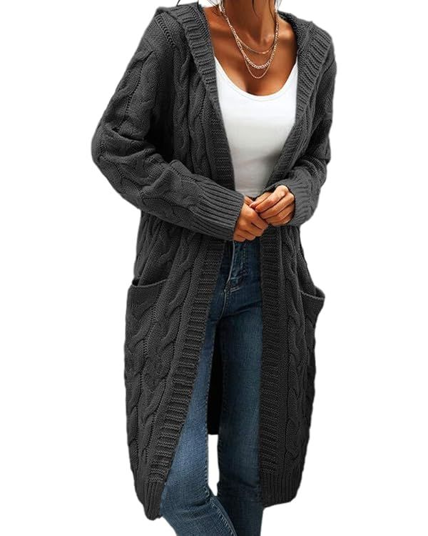 Women Hooded Open Front Cardigan Cable Knit Sweaters Solid Color Chunky Long Sweater Coats | Amazon (US)