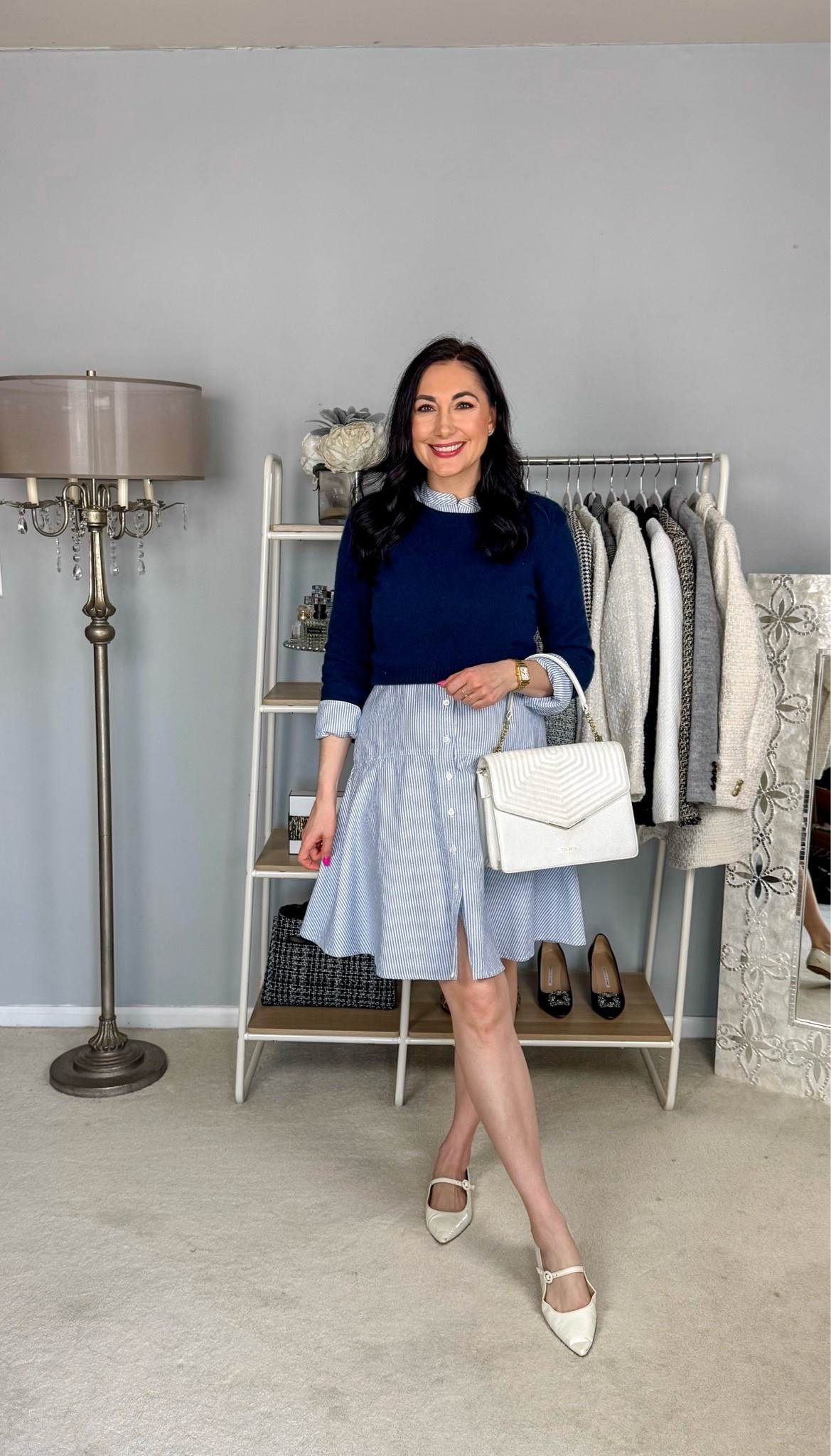 Classic business casual outfit 💙

Navy cashmere sweater 
Striped mini dress 
White flats 

Work wear 
Work outfit 
Spring outfit 
Preppy outfit 
Classic outfit 
Office outfit

#LTKSeasonal #LTKWorkwear