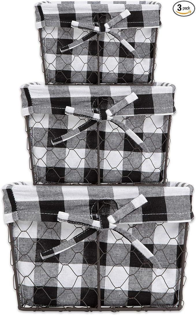 DII Farmhouse Chicken Wire Storage Baskets with Liner, Assorted Set, Black Check, 3 Piece | Amazon (US)