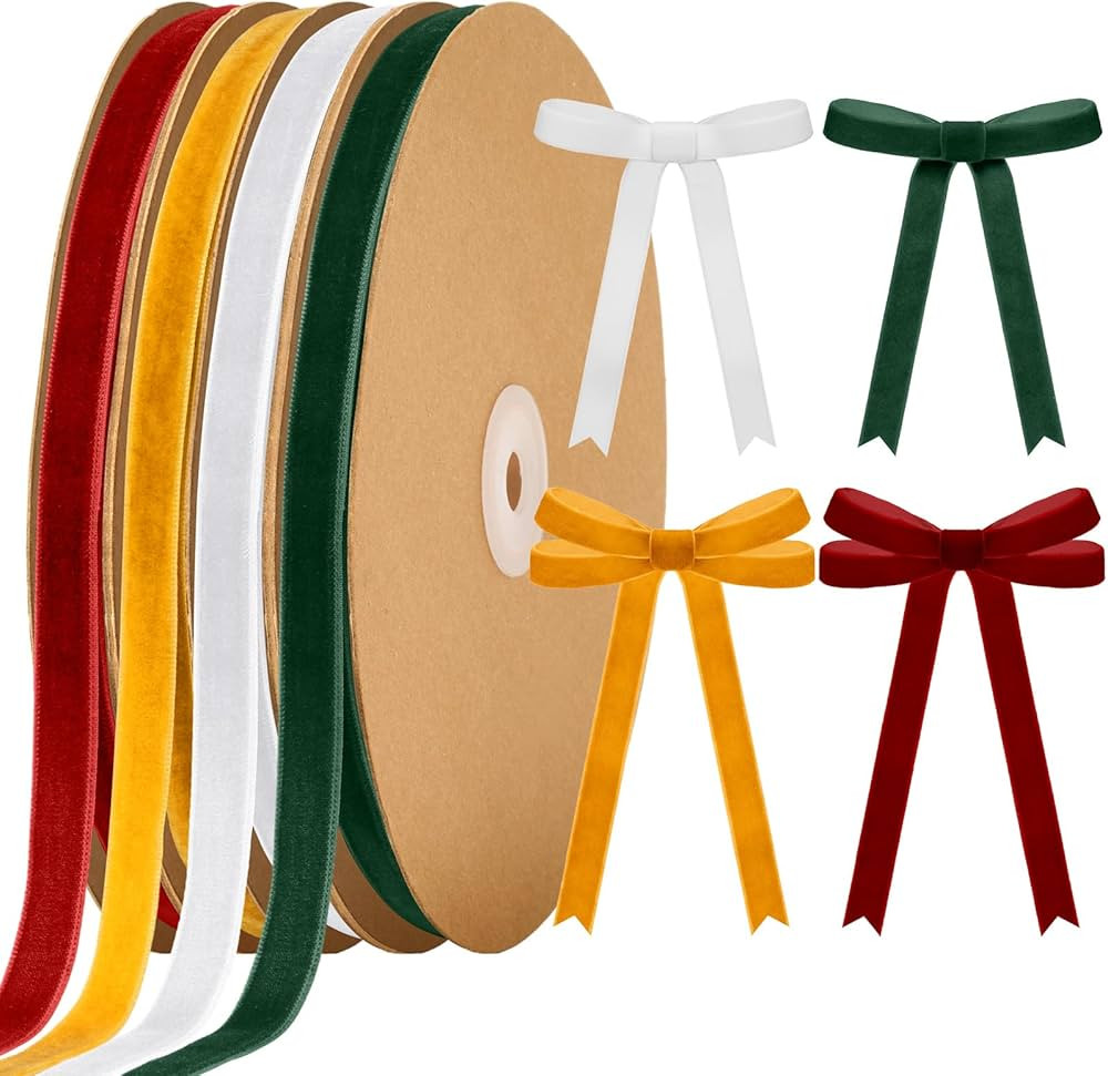 Chuangdi 80 Yards Christmas Velvet Ribbon, 4 Rolls 3/8 Xmas Velvet Ribbon for Gift Wrapping Chris... | Amazon (US)