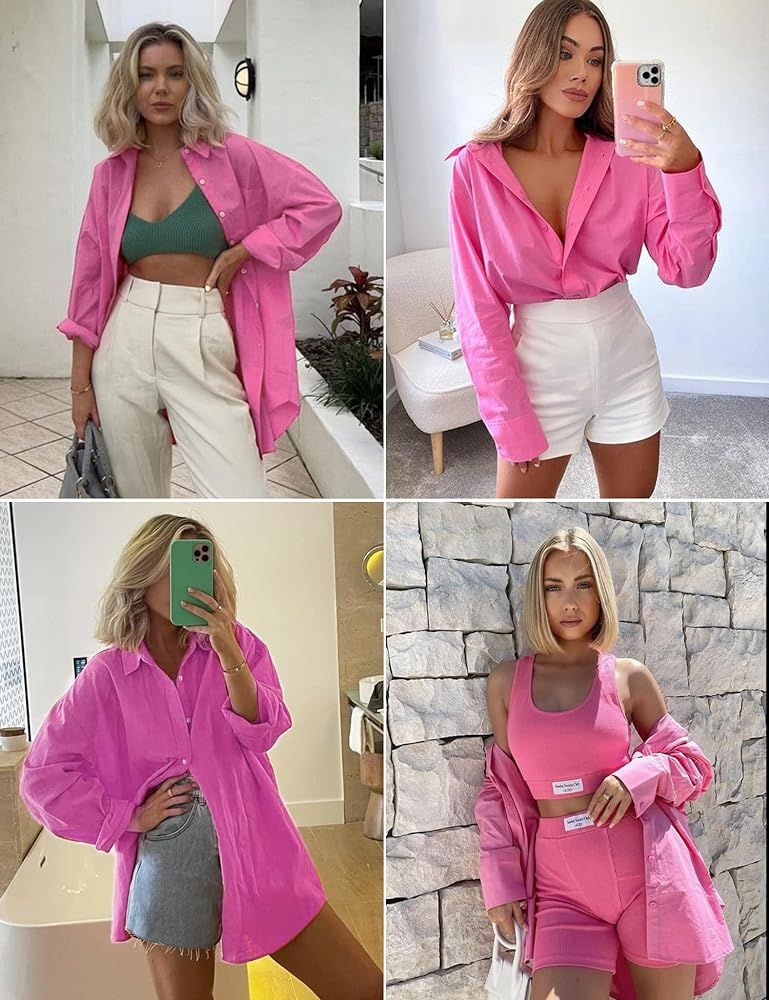 Genhoo Oversized Button Down Shirts for Women Casual Long Sleeve Candy Color V Neck Dressy Blouses T | Amazon (US)