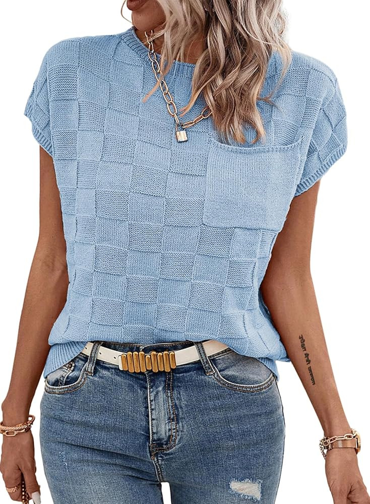 SHEWIN Women's Cap Sleeve Sweater Vest Casual Crewneck Sleeveless Knit Pullover Tank Tops Lightwe... | Amazon (US)