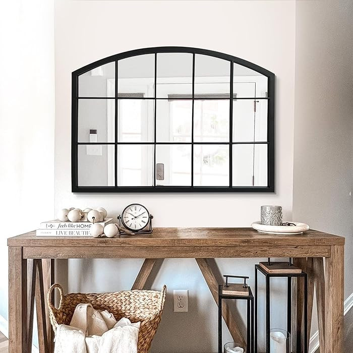 WAMIRRO Wide Window Pane Black Mirror,Farmhouse Arched Wall Mirror,Mantel Mirror for Fireplace/En... | Amazon (US)