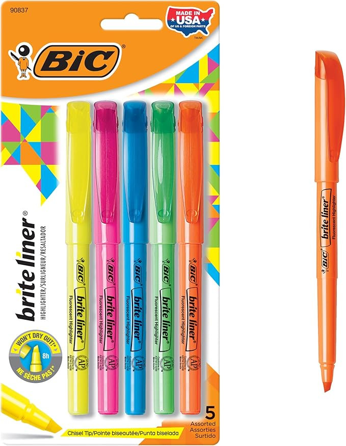 BIC Brite Liner Highlighter, Chisel Tip, Assorted Highlighter Colors, 5-Count, Chisel Tip for Bro... | Amazon (US)