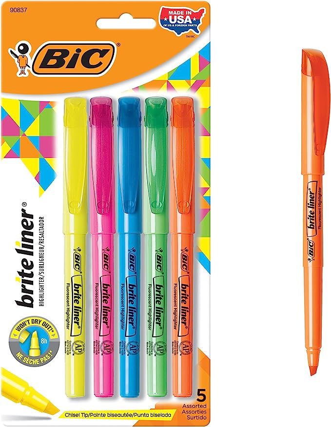 BIC Brite Liner Highlighter, Chisel Tip, Assorted Highlighter Colors, 5-Count, Chisel Tip for Bro... | Amazon (US)
