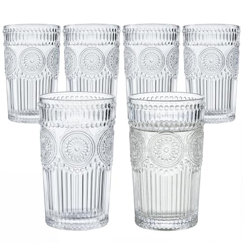 Kingrol Embossed Vintage Drinking Glasses Set of 6, 12 oz Textured Glass Tumblers, Clear Retro Water Glasses for Iced Coffee, Juice, Cocktails & Everyday Use | Amazon (US)