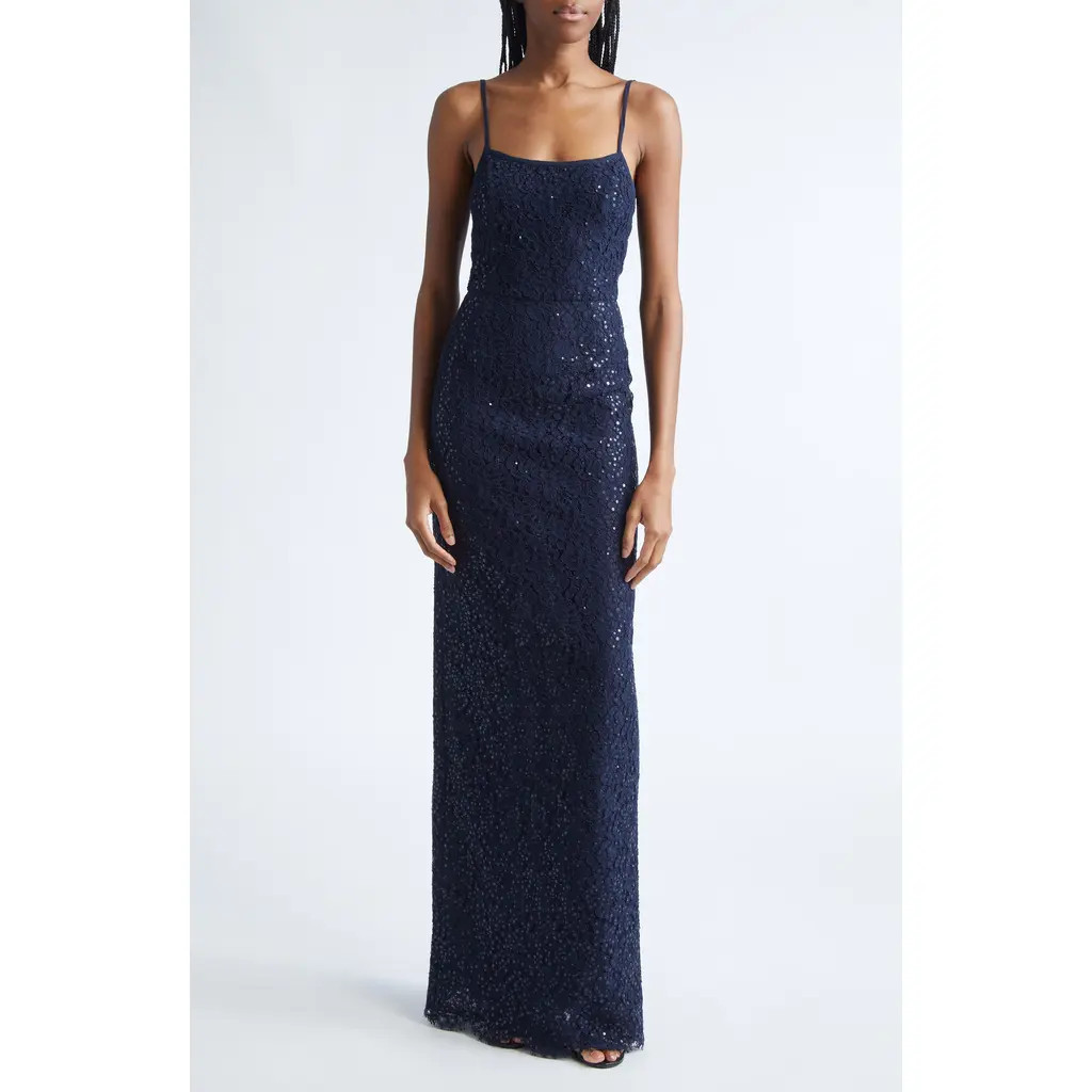 Michael Kors Collection Sequin Corded Floral Lace Gown in Midnight at Nordstrom, Size 4 | Nordstrom
