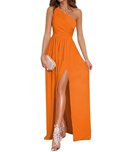 LYANER Women's One Shoulder High Split Sleeveless Ruched Cocktail Sexy Maxi Long Dress Orange Small | Amazon (US)