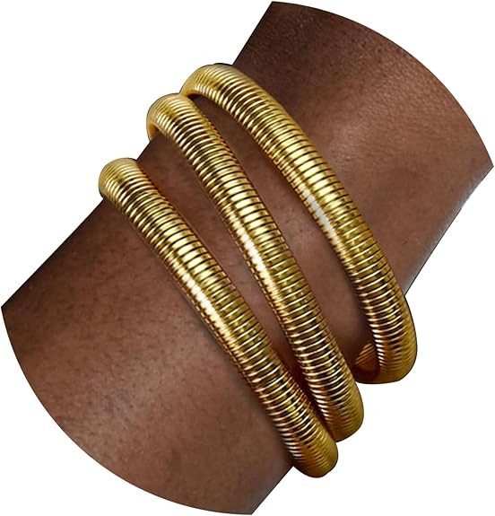 Gold Bangle multi-layer Bracelets for Women Stretchy Stainless steel Link Chain Flexible Wide Wri... | Amazon (US)