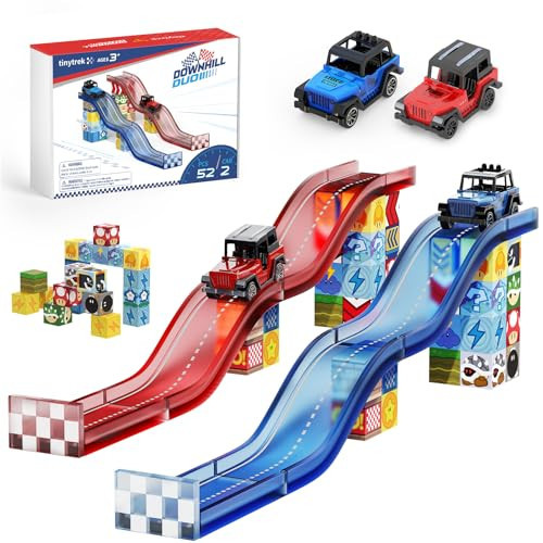 52 PCS Magnetic Tiles Race Car Track Set with 2 Racing Trucks, STEM Educational Travel Magnetic Building Blocks for Kids Ages 3-8, Montessori Sensory Toys Gifts for Toddler, Boys & Girls | Amazon (US)