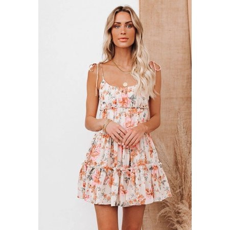 Young Women s Tie-Strap Babydoll Ruffle Floral Mini Dress - Orange / (US 16-18) | Walmart (US)