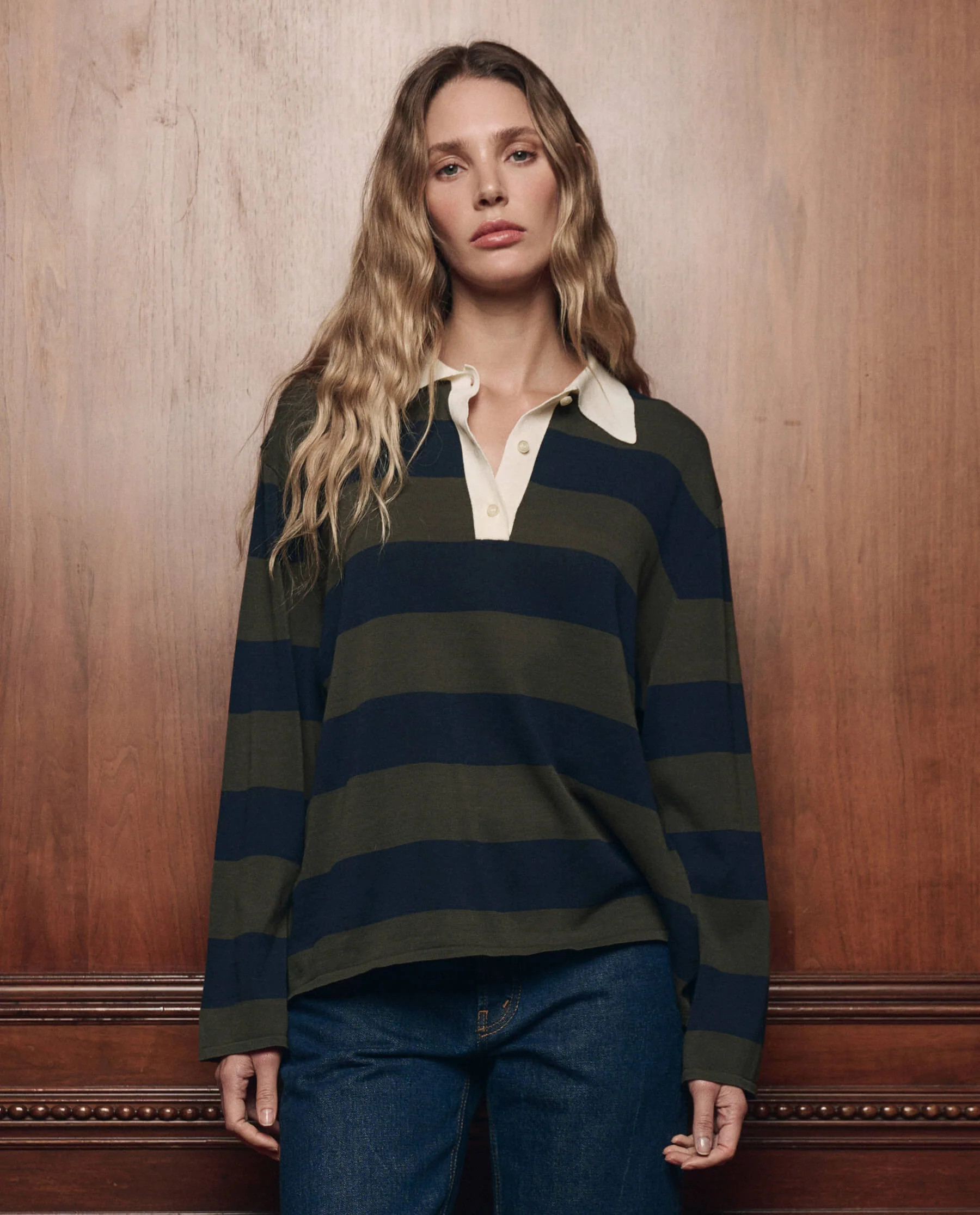The Academy Polo Sweater. -- Army League Stripe | THE GREAT.