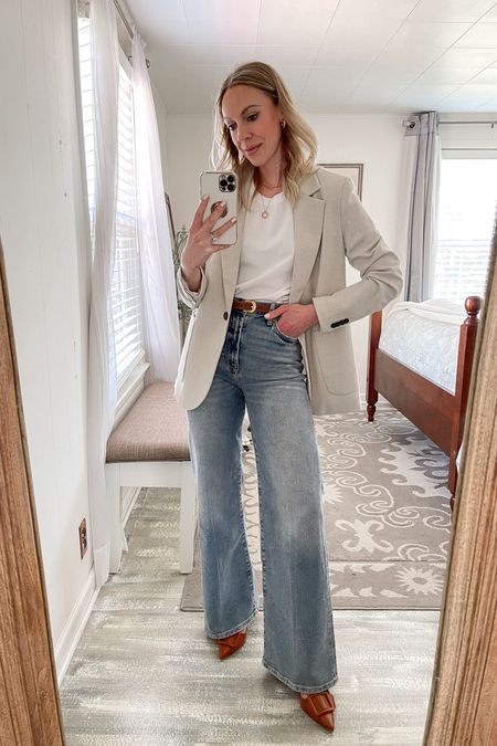 Blazer outfit, beige blazer, white tee, wide leg jeans, slingback pumps, business casual 

#LTKover40 #LTKshoecrush #LTKfindsunder100