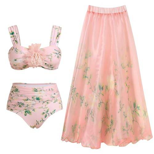 ABOCIW Women's One Piece Swimsuit with with Cover up Beach Skirt Retro Floral Printed Bathing Suit Tummy Control Monokini Swimwear Two Piece Bikini Set Light Pink Bikini X-Large | Amazon (US)