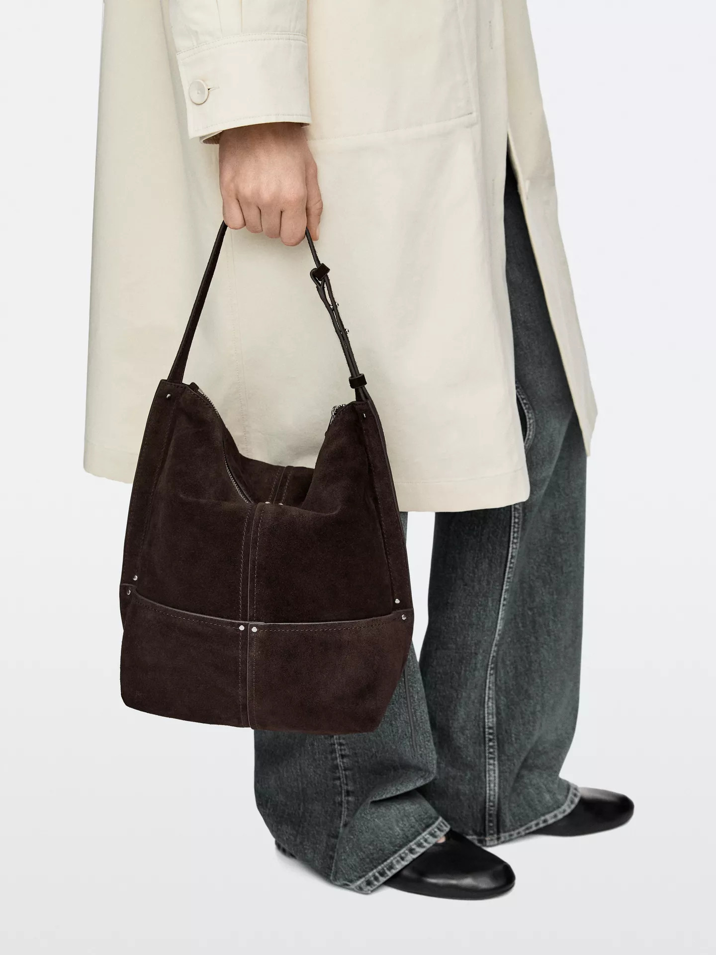 Split suede leather bucket bag | Massimo Dutti UK