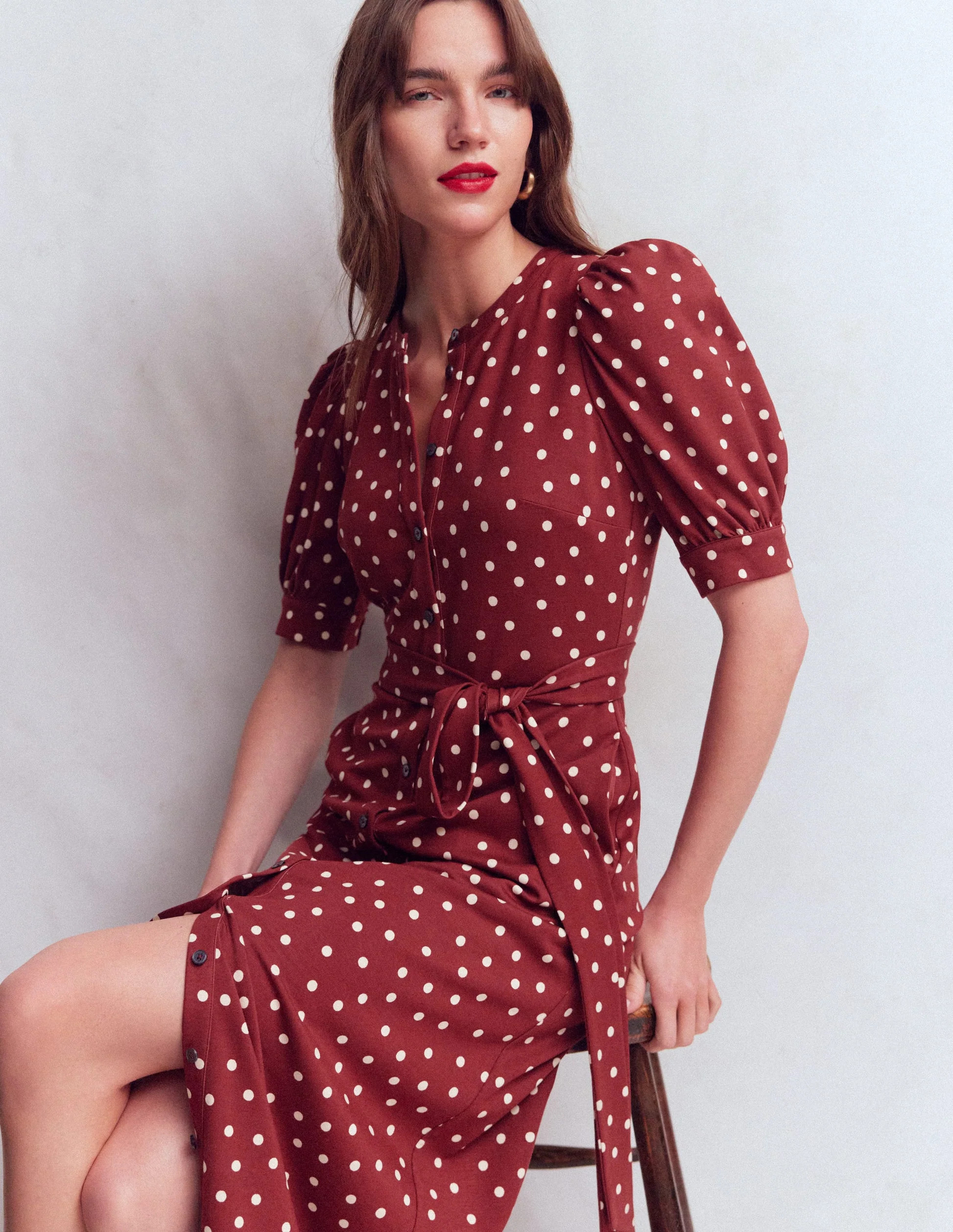Puff Sleeve Ponte Shirt Dress-Red Pear, Painted Dot | Boden (US)