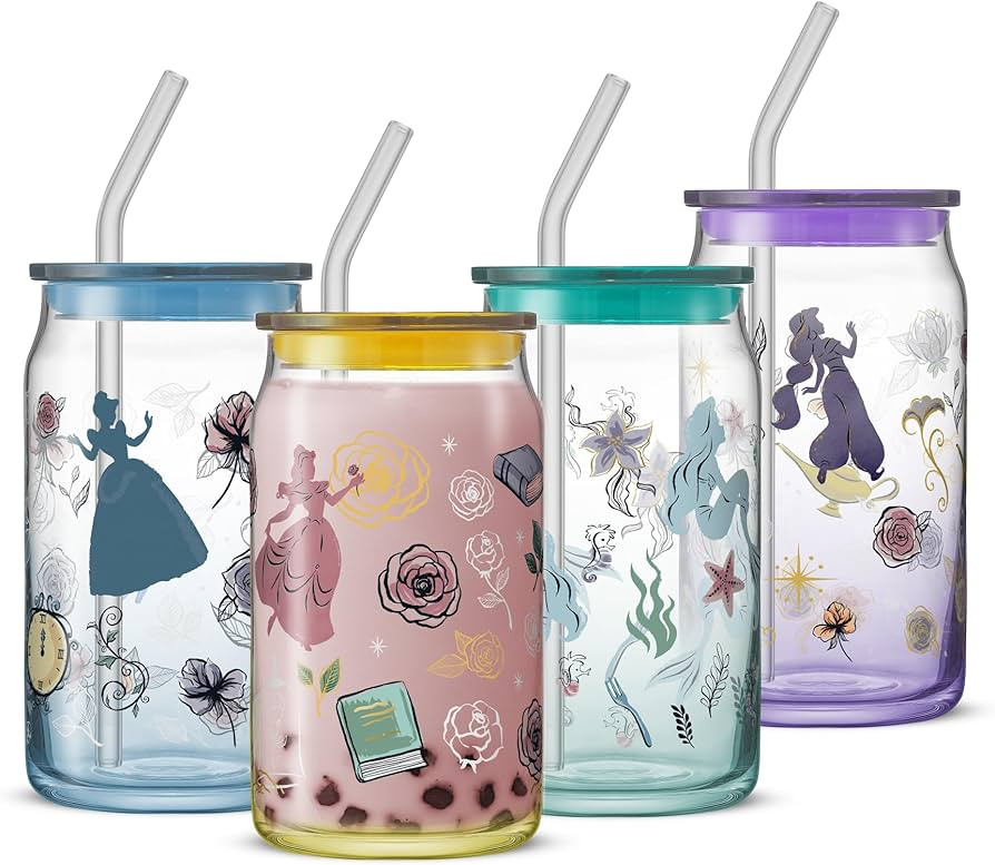JoyJolt Disney Princess Icon Glass Tumblers with Lids and Straws, 16oz Glass Cups with Lids and S... | Amazon (US)