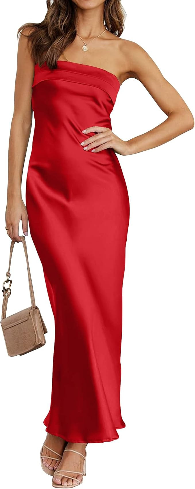 MEROKEETY Women 2024 Summer Strapless Satin Tube Bodycon Backless Wedding Guest Maxi Dress | Amazon (US)
