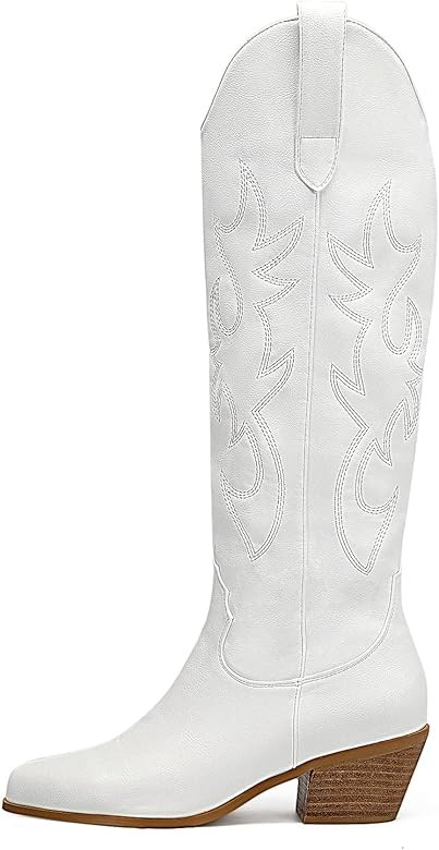 Women's Cowgirl Embroidered Western Knee High Boots, Pointed Toe Medium Chunky Heel 5cm Stitching... | Amazon (US)