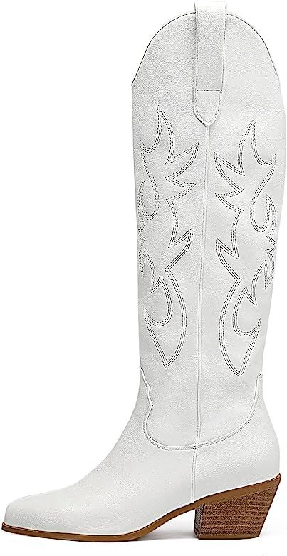 Amazon.com | Women's Cowgirl Embroidered Western Knee High Boots, Pointed Toe Medium Chunky Heel ... | Amazon (US)