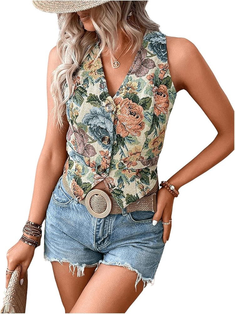 GORGLITTER Women's Floral Blazer Vest Button Up Cropped Sleeveless Blazers Vest Top | Amazon (US)