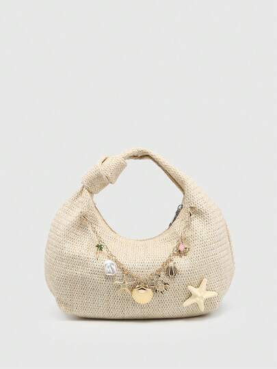 ROMWE Fairycore Women's Floral Beach Straw Crossbody Bag Seashell Decor Casual Large Capacity Sho... | SHEIN