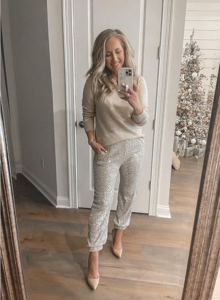 Holiday outfit sequin pants sequin joggers Christmas outfit new years outfit 
Sizing: I’m 5’2 1/2 129 lbs I’m wearing the girls large 

#LTKunder50 #LTKHoliday