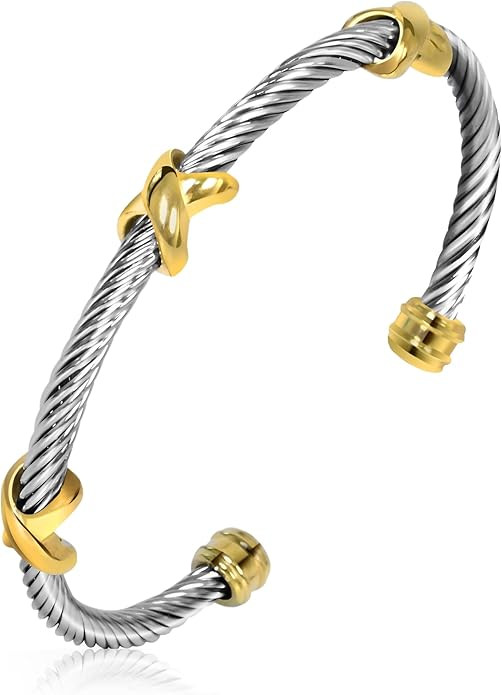 Cuff Bangle Bracelet, Stainless Steel Twisted Cable Wire Bangle Bracelet, Two Tone Vintage Bracel... | Amazon (US)