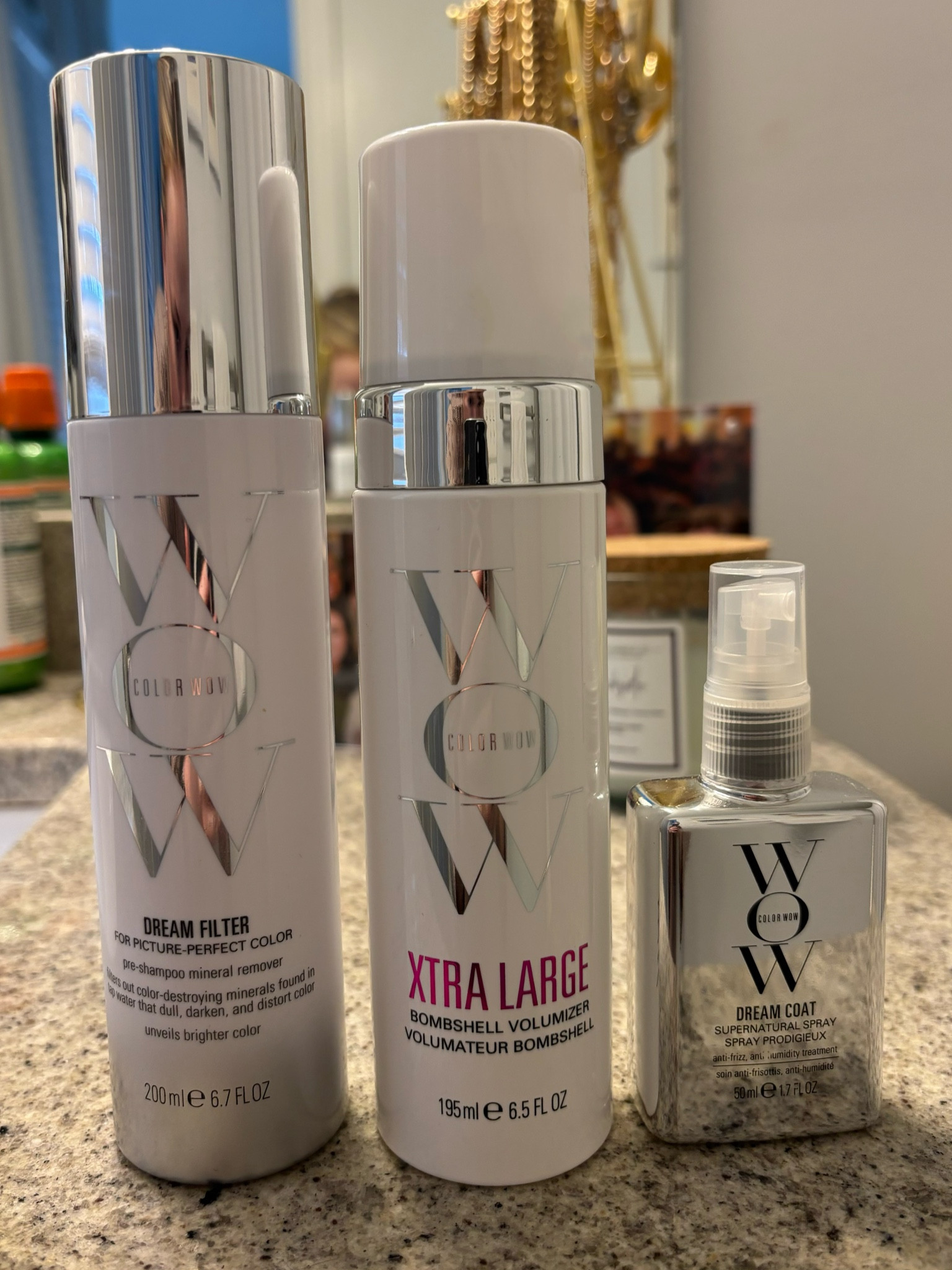 My Color Wow Top Three!!!!

Dream Filter:
A pre-shampoo spray that removes impurities, dulling minerals and pollutants in three minutes for lighter, brighter color and softer, silkier hair.
—-
It’s perfect for blondes! It helps remove brassy tones in the hair and brighten your blonde!

Xtra Large Bombshell Volumizer:
A futuristic foam that bulks up fine, thin, flat hair without disturbing the cuticle so hair keeps its glow and looks and feels thick, healthy, and luxe.
———
Apply 2 to 3 pumps to damp hair from the roots to your ends. Then blow dry and style your hair. It gives your hair the best volume that will stay !

Dream Coat
A spray that keeps straight, wavy, or curly frizz-prone hair silky, glassy, and frizz-free for days.
——-
Spray on to damp hair and blow dry and style. This leaves your hair with the perfect smooth and shine!


#LTKBeauty