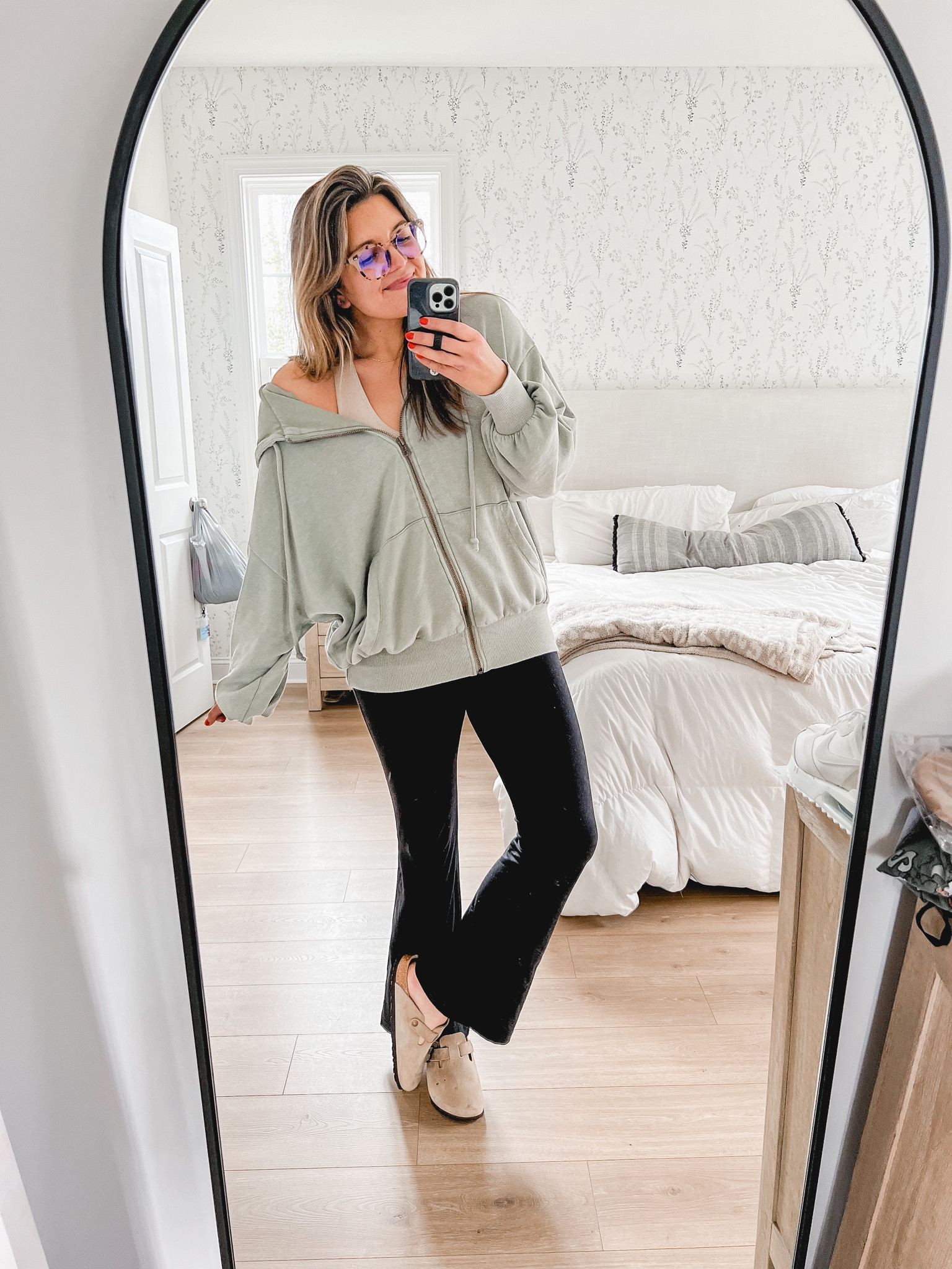 Today’s outfit. Flare leggings outfit. Yoga pants outfit. Oversized hoodie from free people. (Tts) Lululemon leggings (tts) Boston clogs (tts)

#LTKunder100 #LTKfit