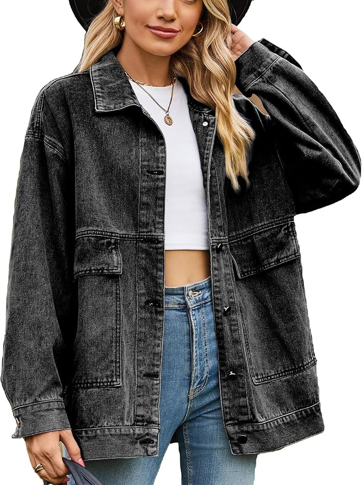 PAODIKUAI Women's Oversized Denim Jacket Casual Long Sleeve Vintage Jean Jacket Top Coat with Poc... | Amazon (US)