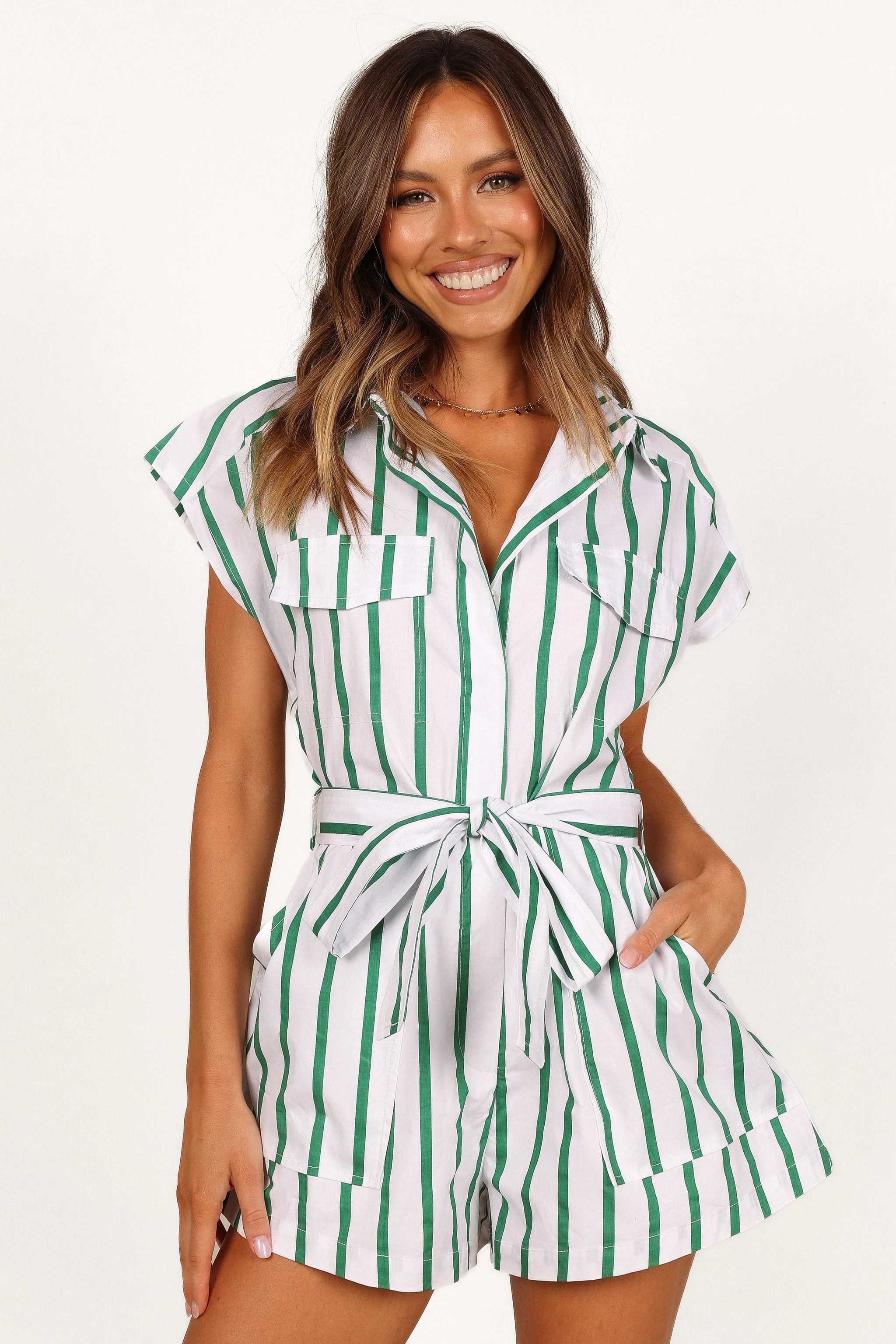 Addie Tie Waist Romper - White/Green | Petal & Pup (US)
