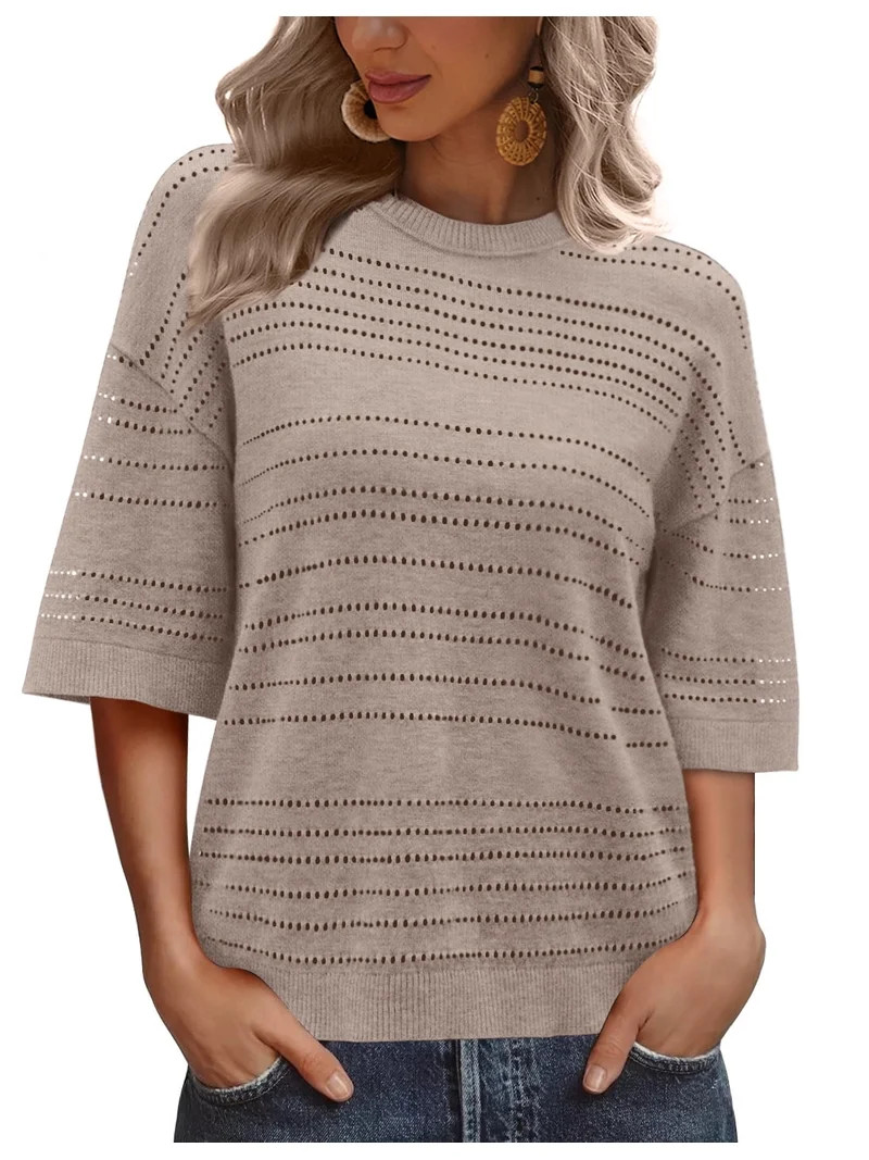 WIHOLL Women’s Blouses Tops Short Sleeve Knit Crochet Sweater Lightweight Pullover Crewneck for... | Walmart (US)