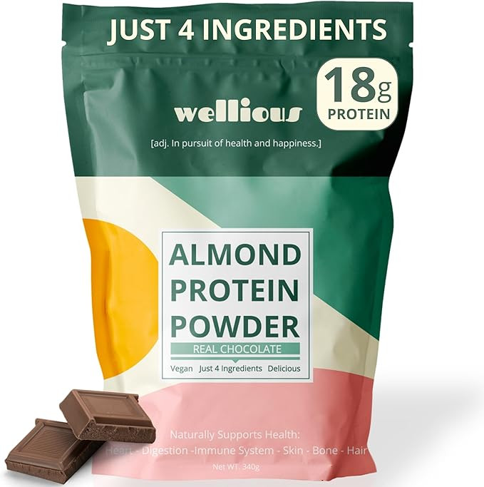 wellious Almond Vegan Protein Powder, Chocolate, 18g Protein, Soy-Free | 18g plant protein from a... | Amazon (US)