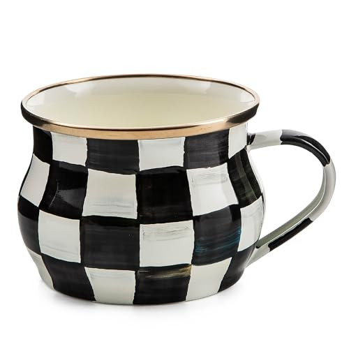 MACKENZIE-CHILDS Enamel Teacup, Unique Coffee and Tea Mug, Enamel Cup for Hot Tea, 10 Ounces, Black-and-White Courtly Check | Amazon (US)