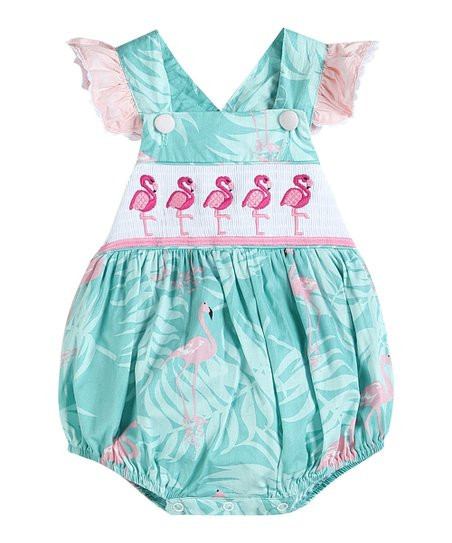 Lil Cactus Turquoise Flamingo Smocked Ruffle-Trim Bubble Bodysuit - Infant & Toddler | Zulily