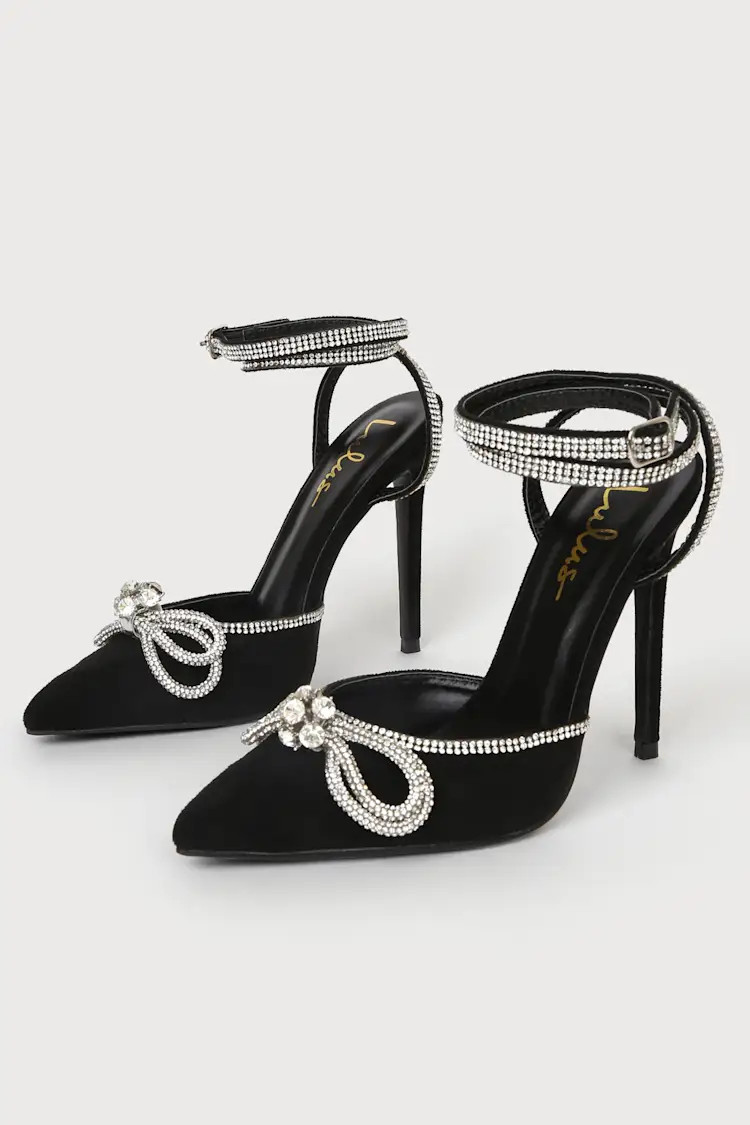 Lullie Black Suede Rhinestone Ankle Strap Pointed-Toe Pumps | Lulus